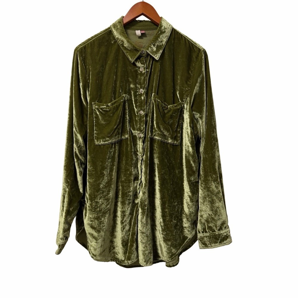 Anthropologie Pilcro Relaxed Velvet Button Shirt Size L Green Goblincore Fairy